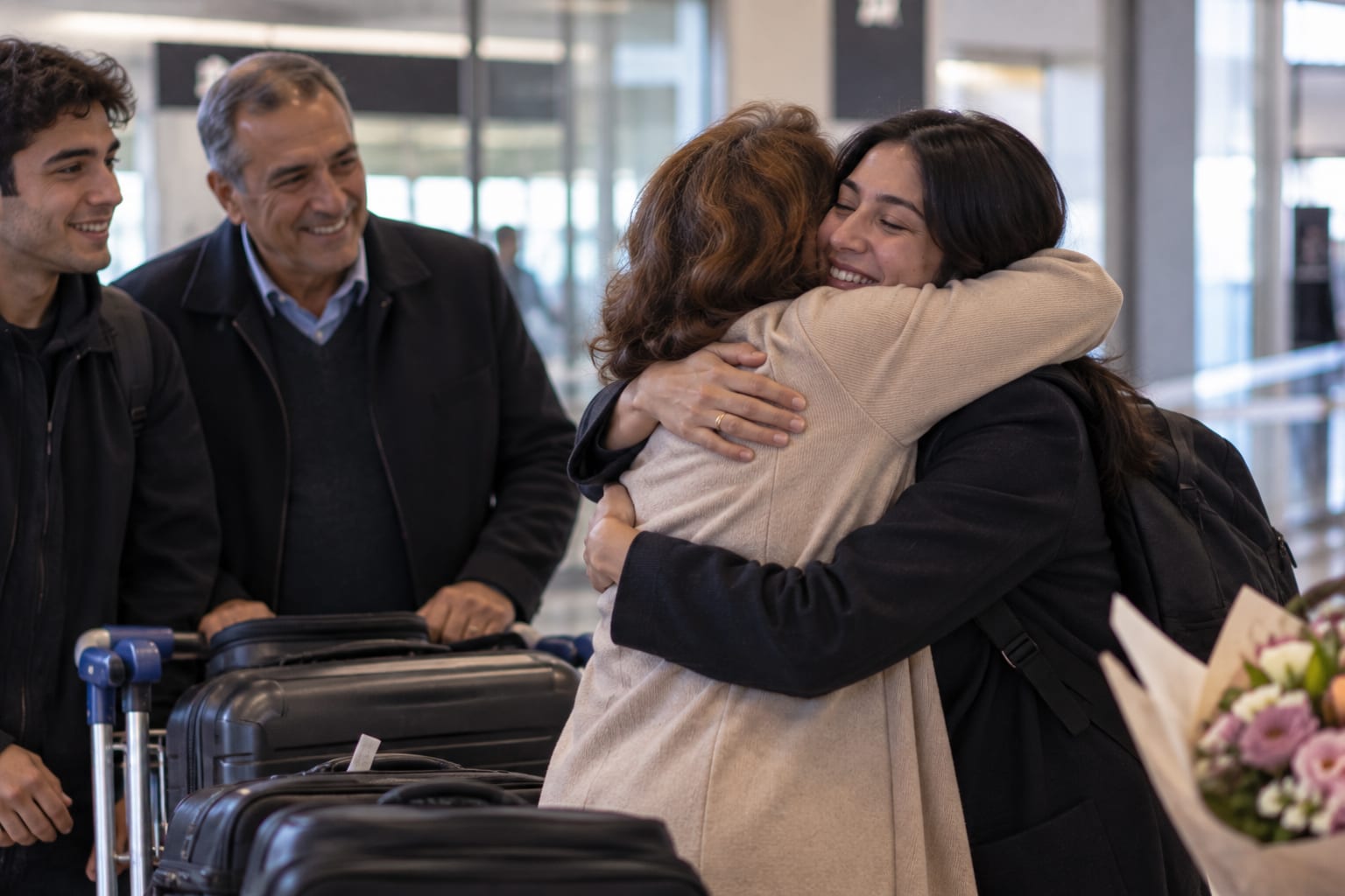 Family members embracing beside luggage in an airport
