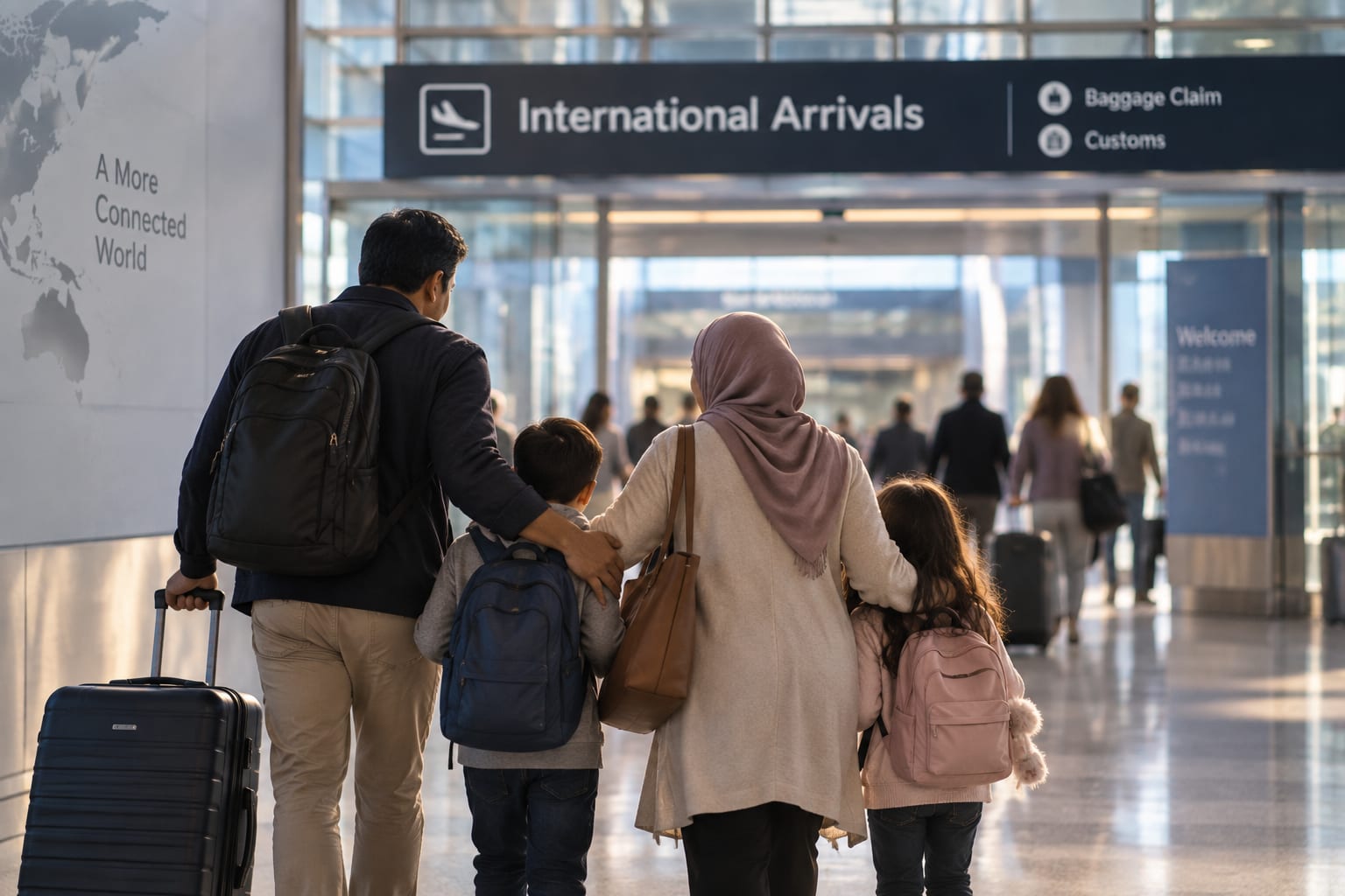 Family walking with luggage through an international arrivals hall