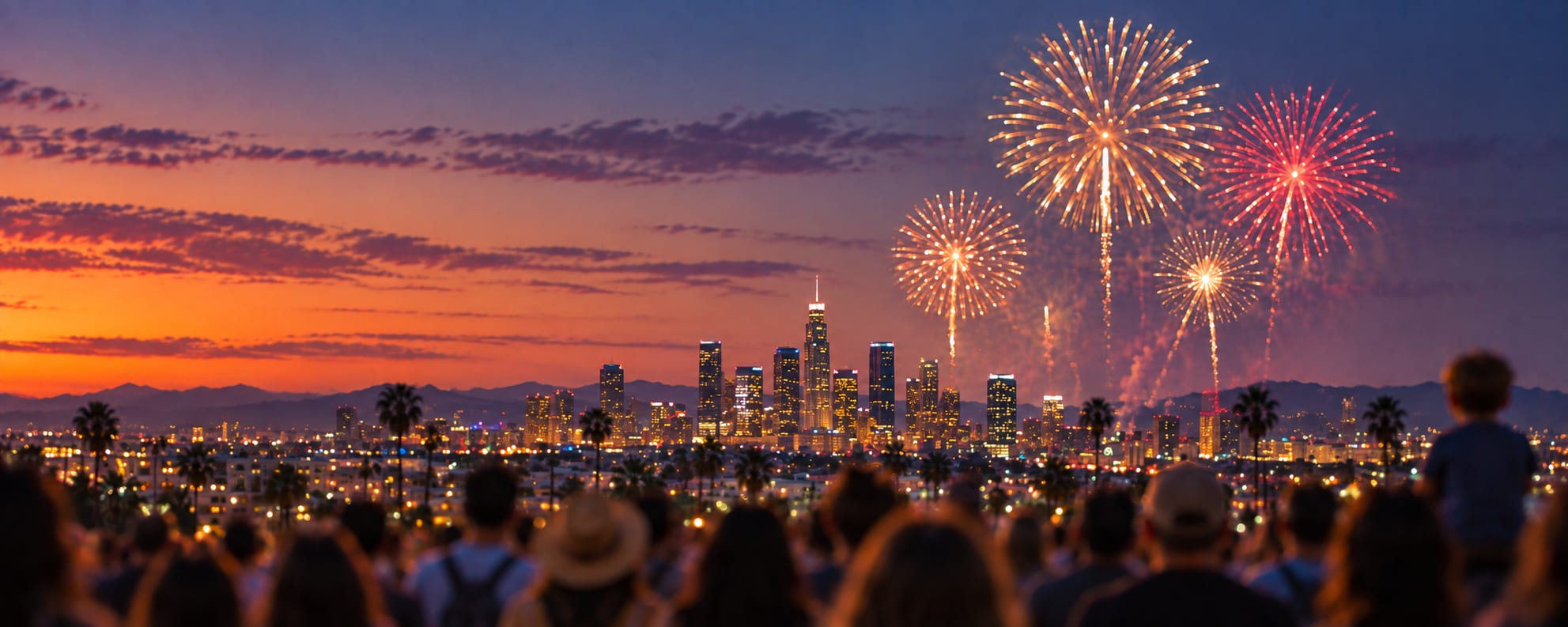 Crowd watching fireworks over the Los Angeles skyline at dusk