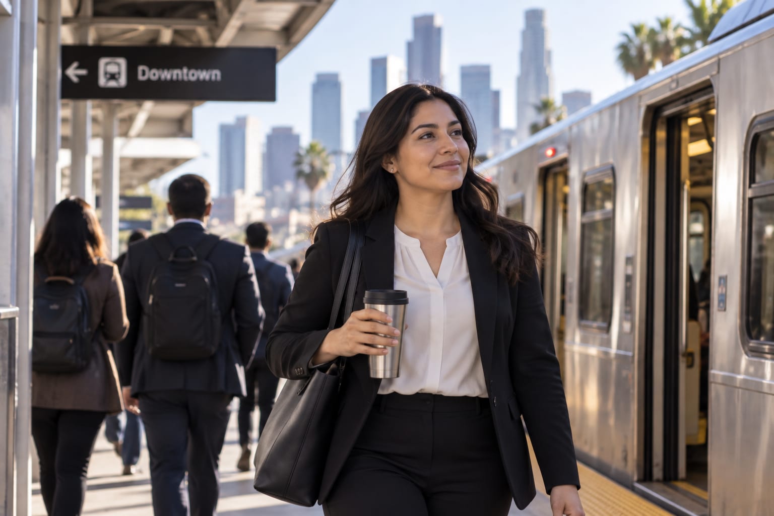 Professional waiting with coffee on a city train platform
