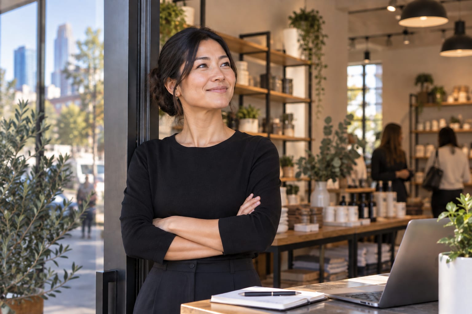 Retail business owner standing in her shop with a laptop