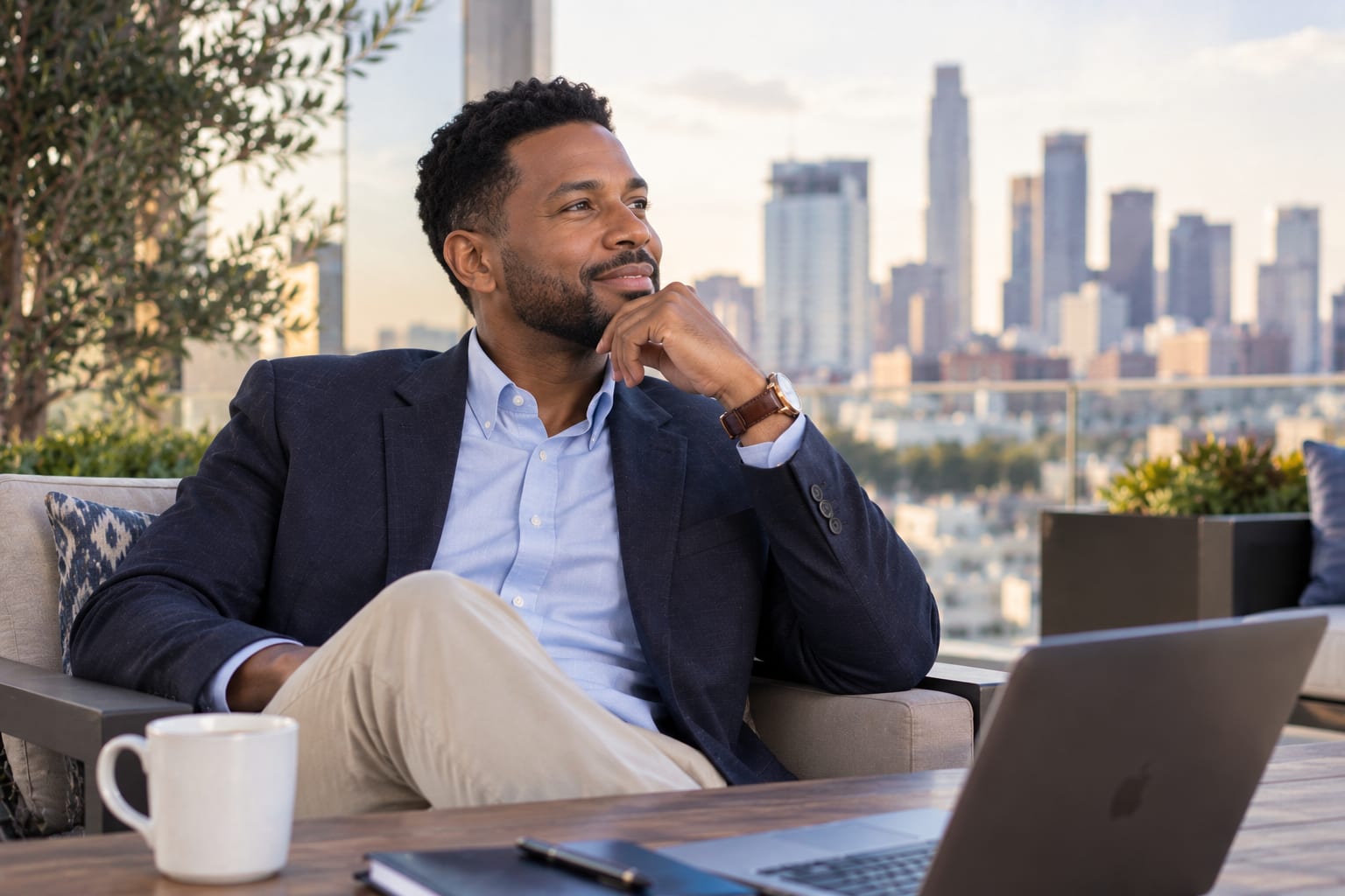 Business professional working on a laptop in a city office
