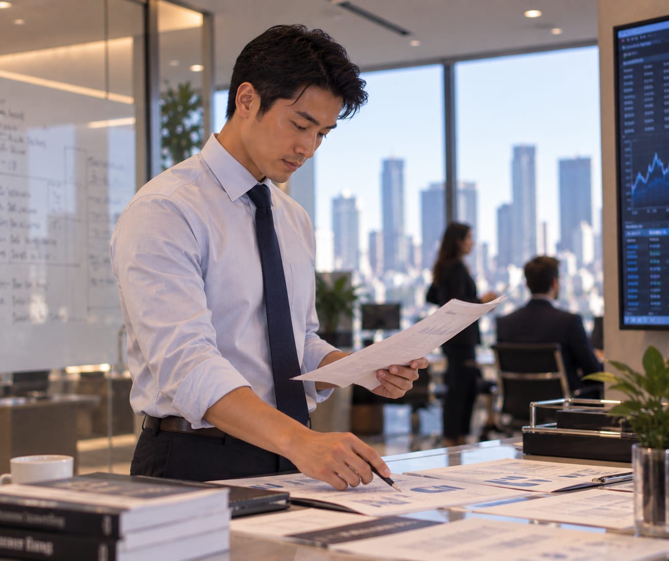 Professional reviewing printed reports at an office desk