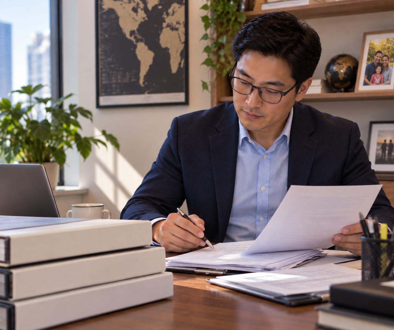 Business professional reviewing documents at an office desk