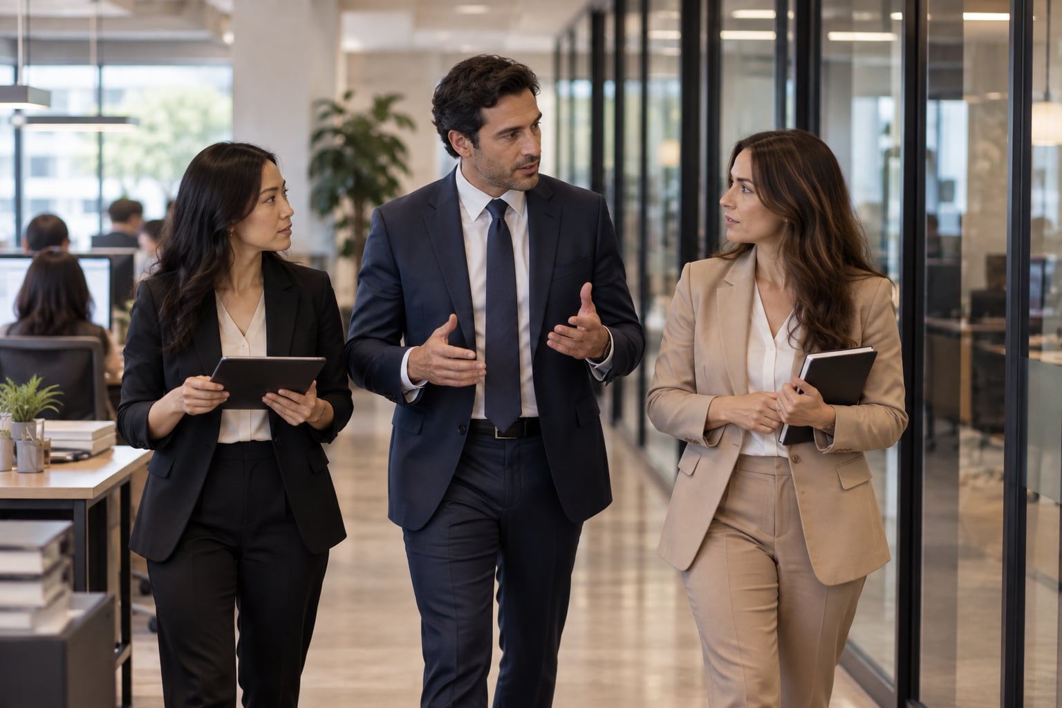 Three colleagues discussing work while walking through an office
