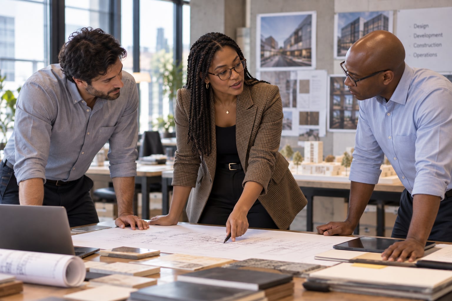 Three colleagues reviewing plans together at a table