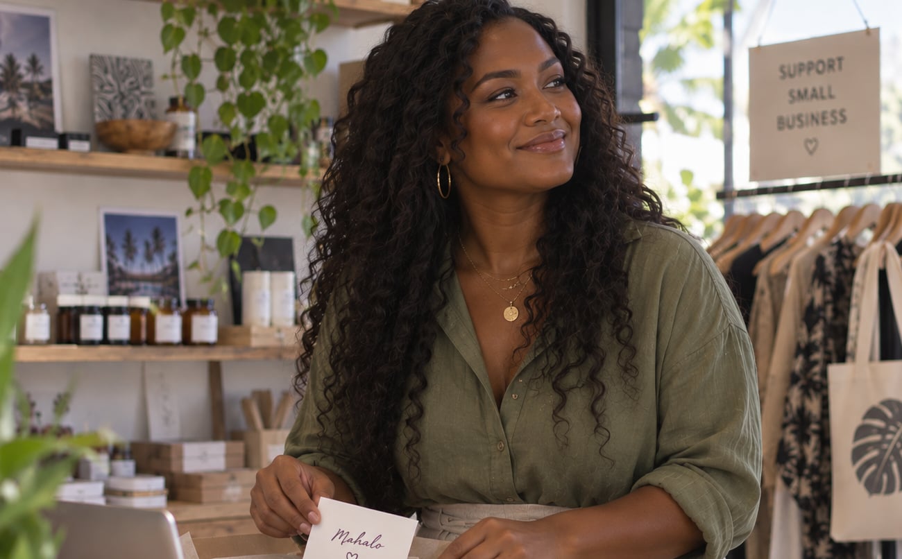 Small-business owner packing an order at a shop counter