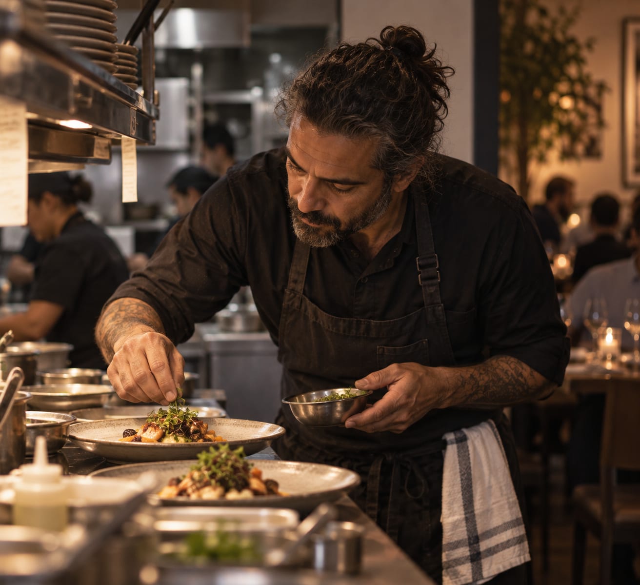 Chef plating a dish in a restaurant kitchen