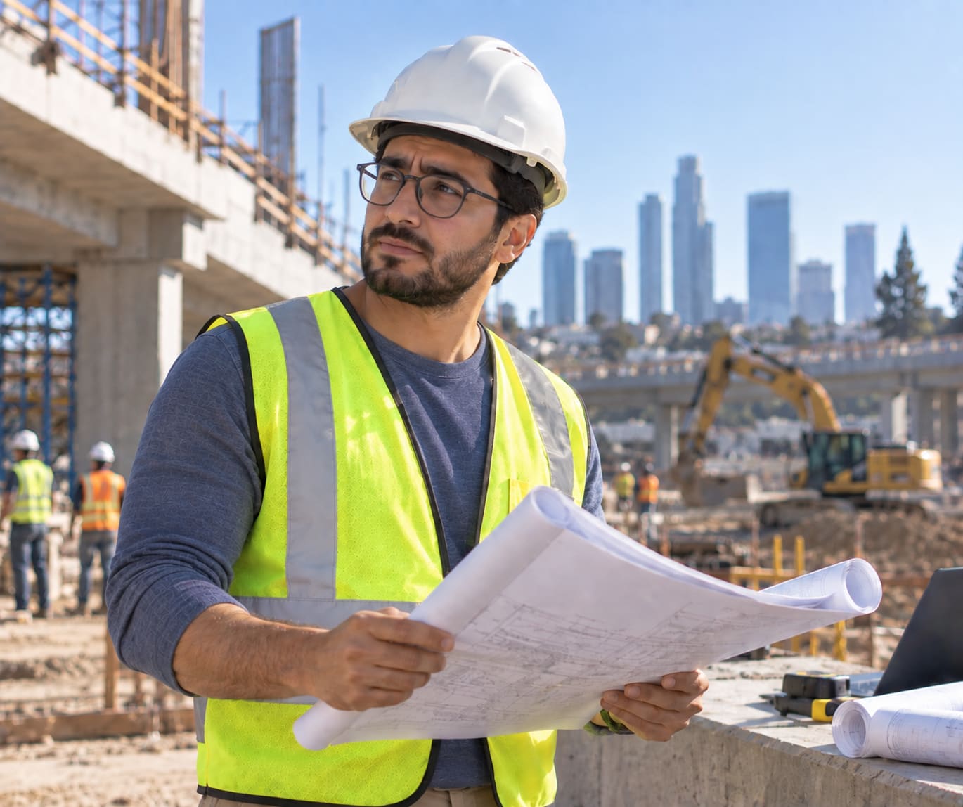 Civil engineer reviewing plans at a construction site