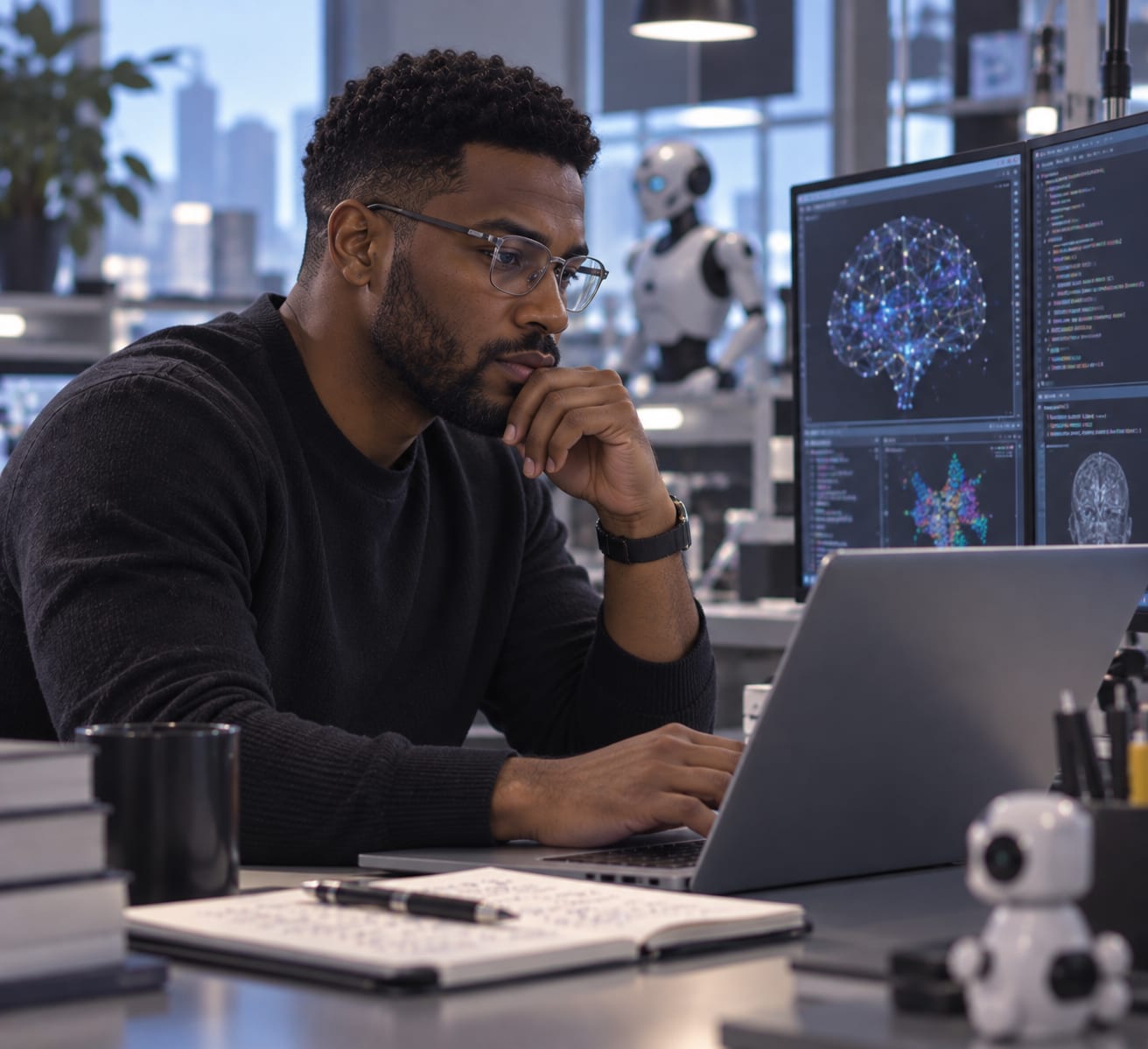 Computer scientist working at a laptop beside data displays