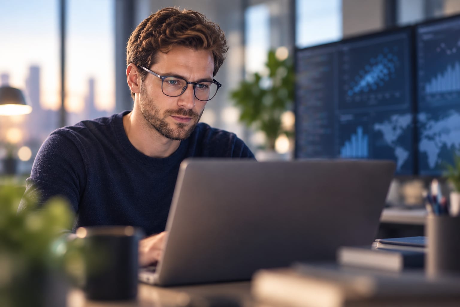 Data scientist working on a laptop beside analytics displays