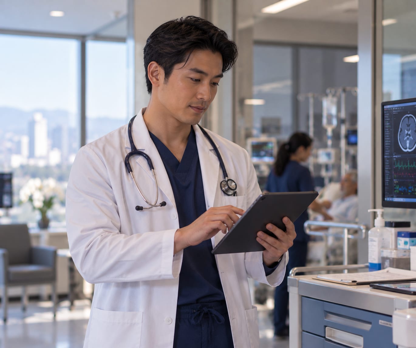 Physician reviewing information on a tablet in a hospital