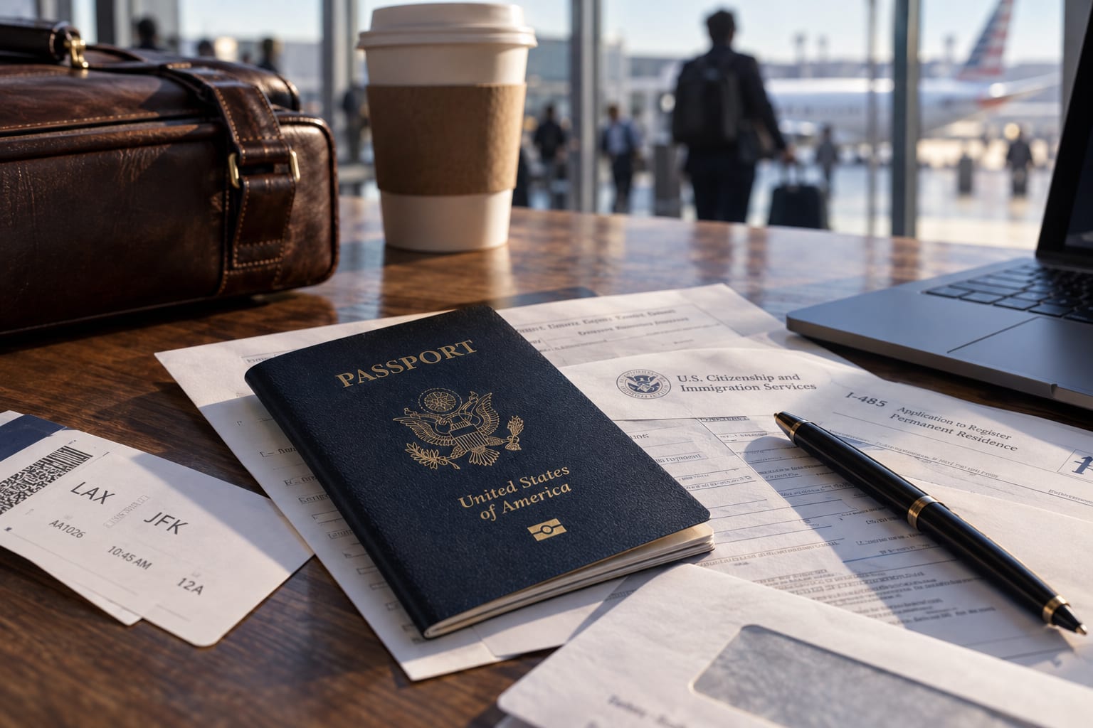 Passport and immigration form beside a laptop and boarding pass