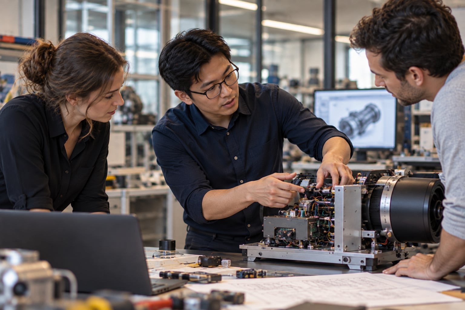 Three engineering specialists examining a mechanical assembly