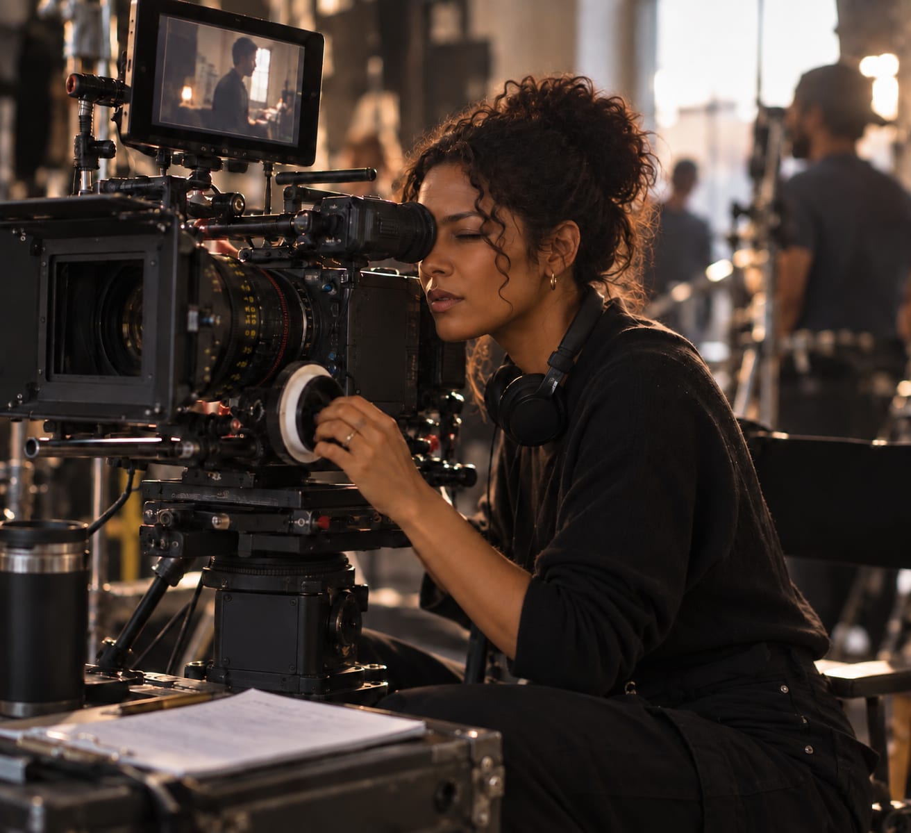 Filmmaker operating a cinema camera on set