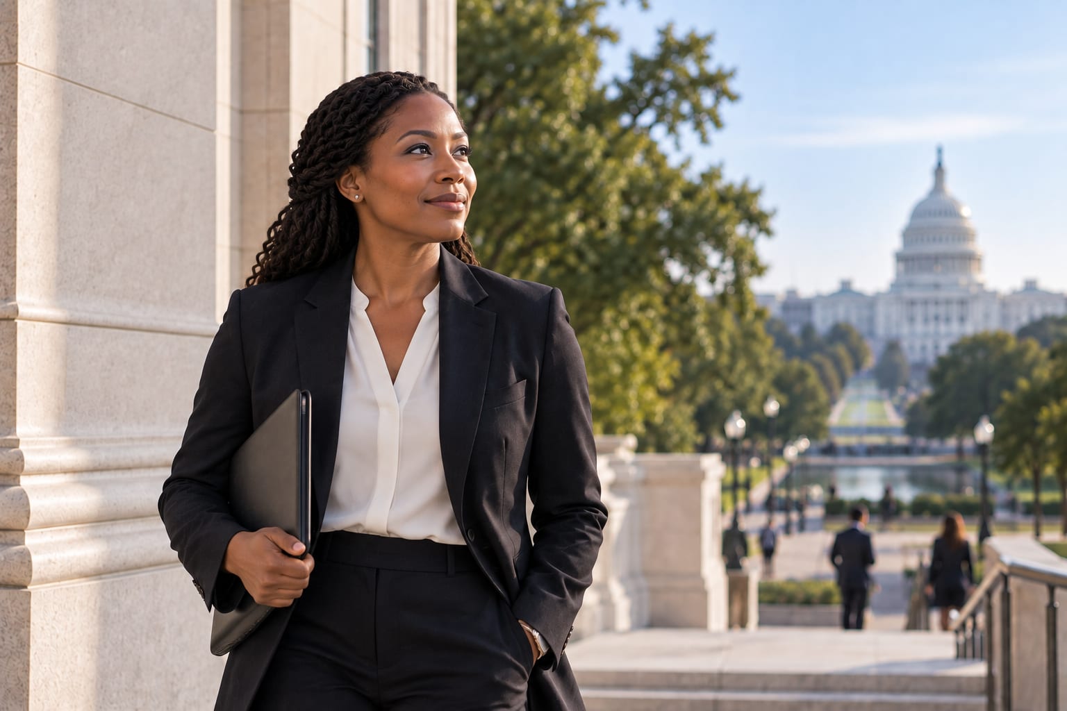 Public-sector professional standing outside near the United States Capitol