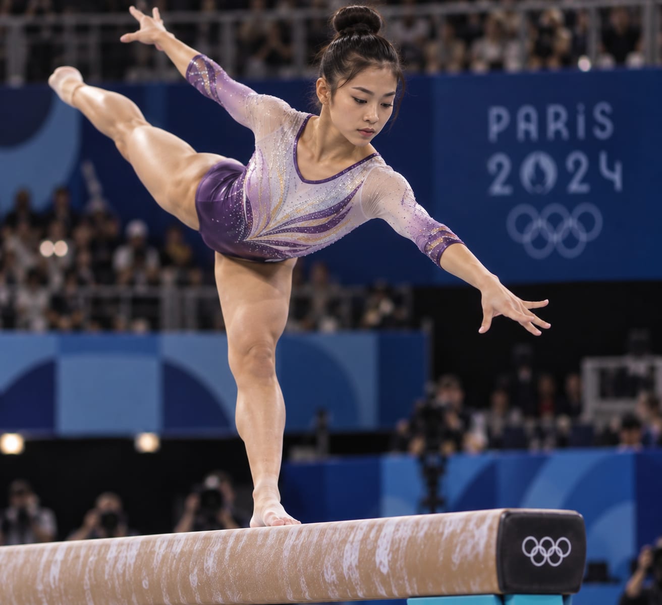 Gymnast performing on a balance beam in competition