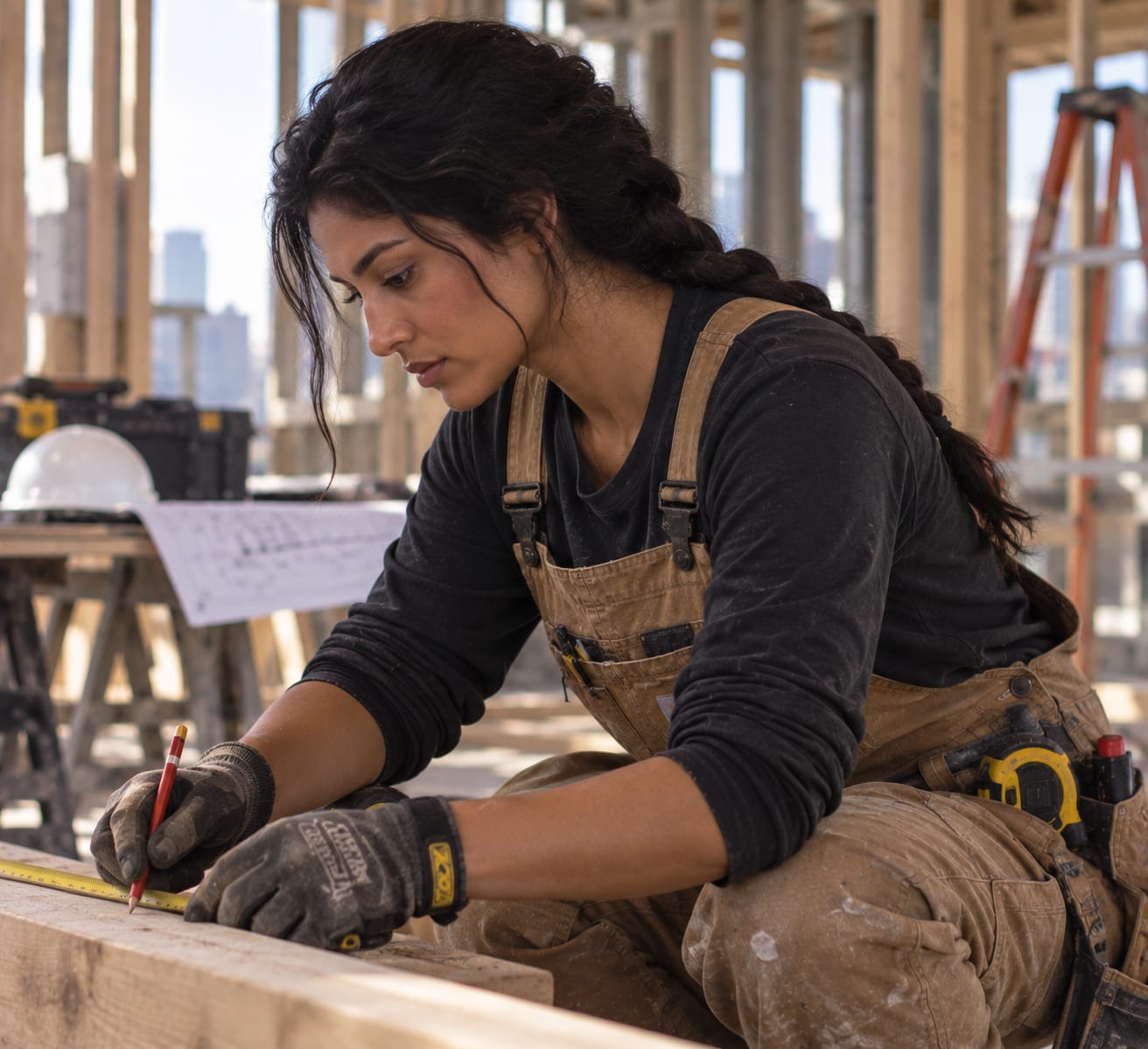 Construction professional measuring and marking a piece of lumber