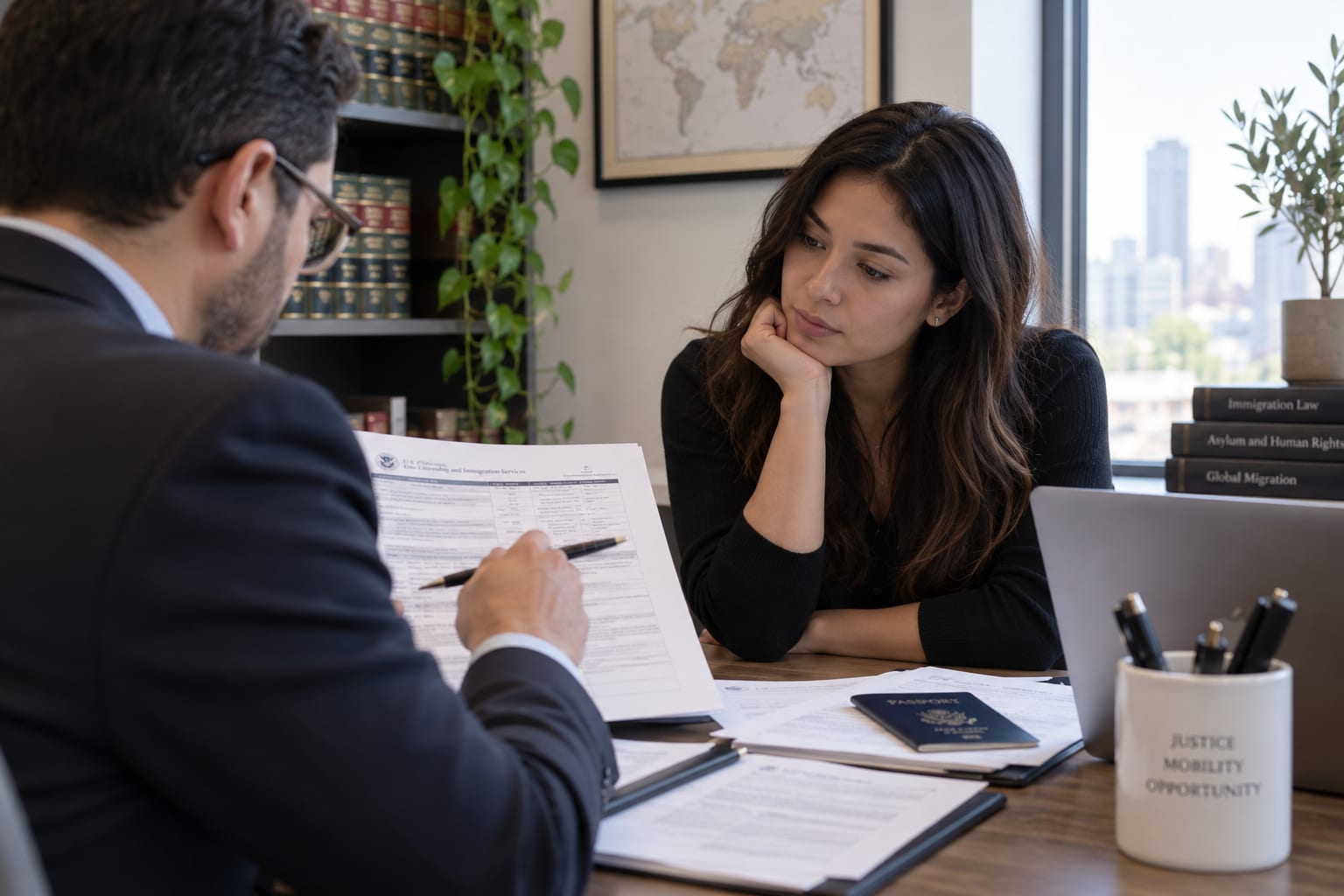 A professional and visitor reviewing immigration documents at a desk
