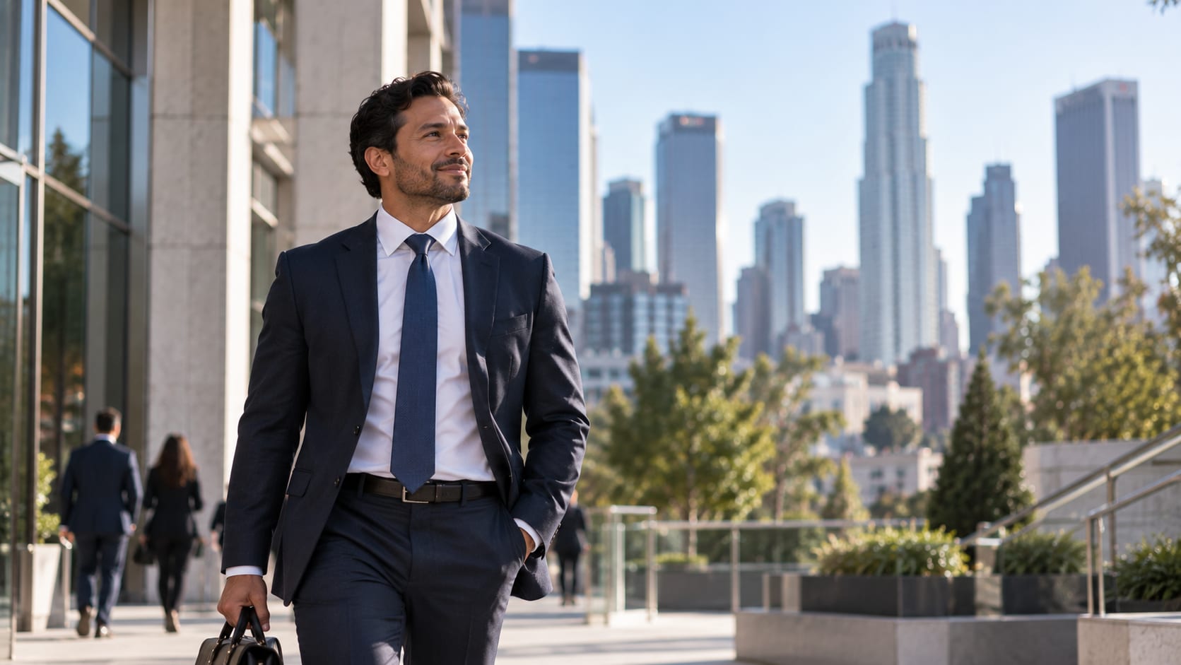 Business executive walking outside a modern office building