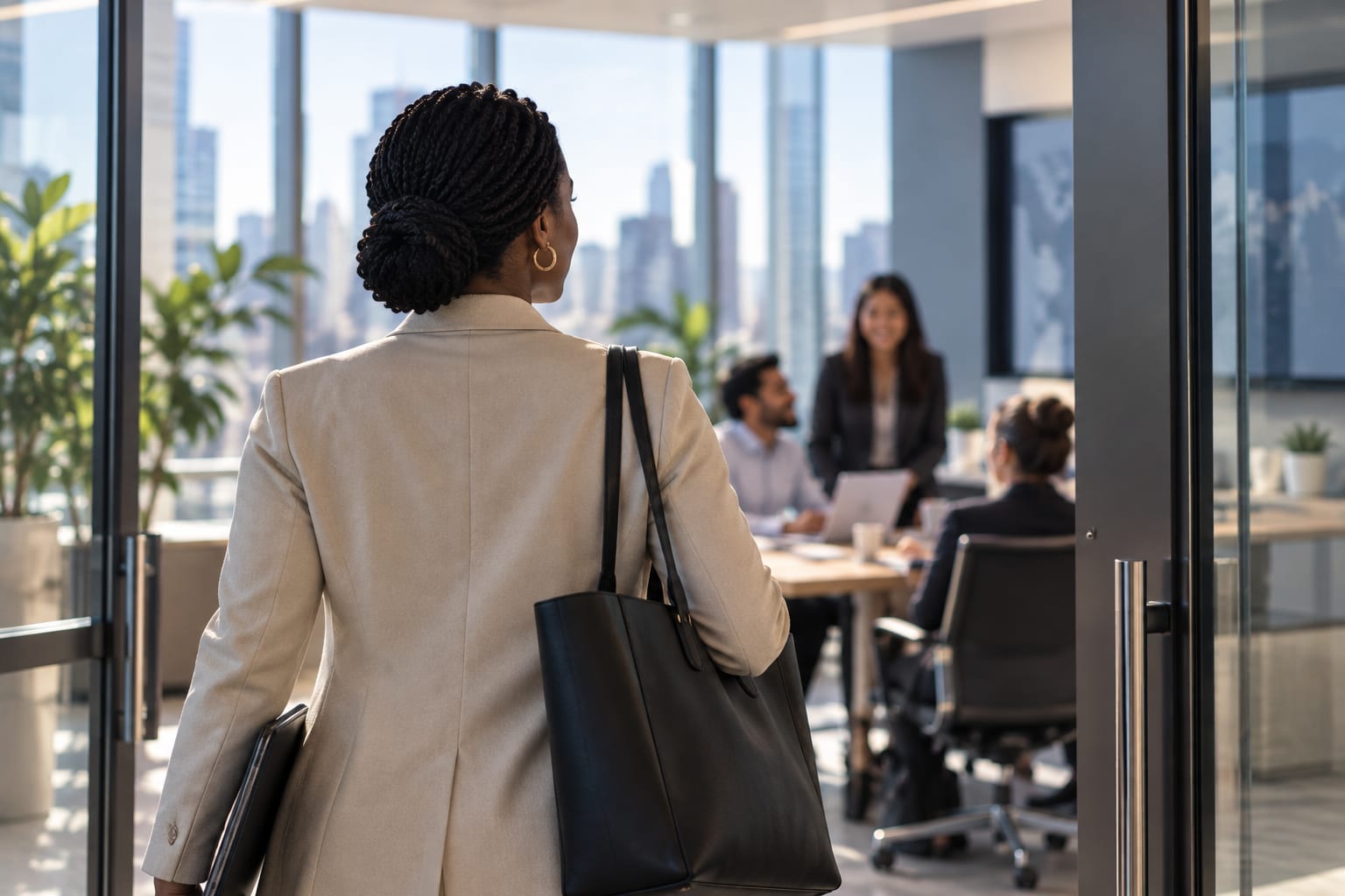 Executive entering a conference room where colleagues are meeting