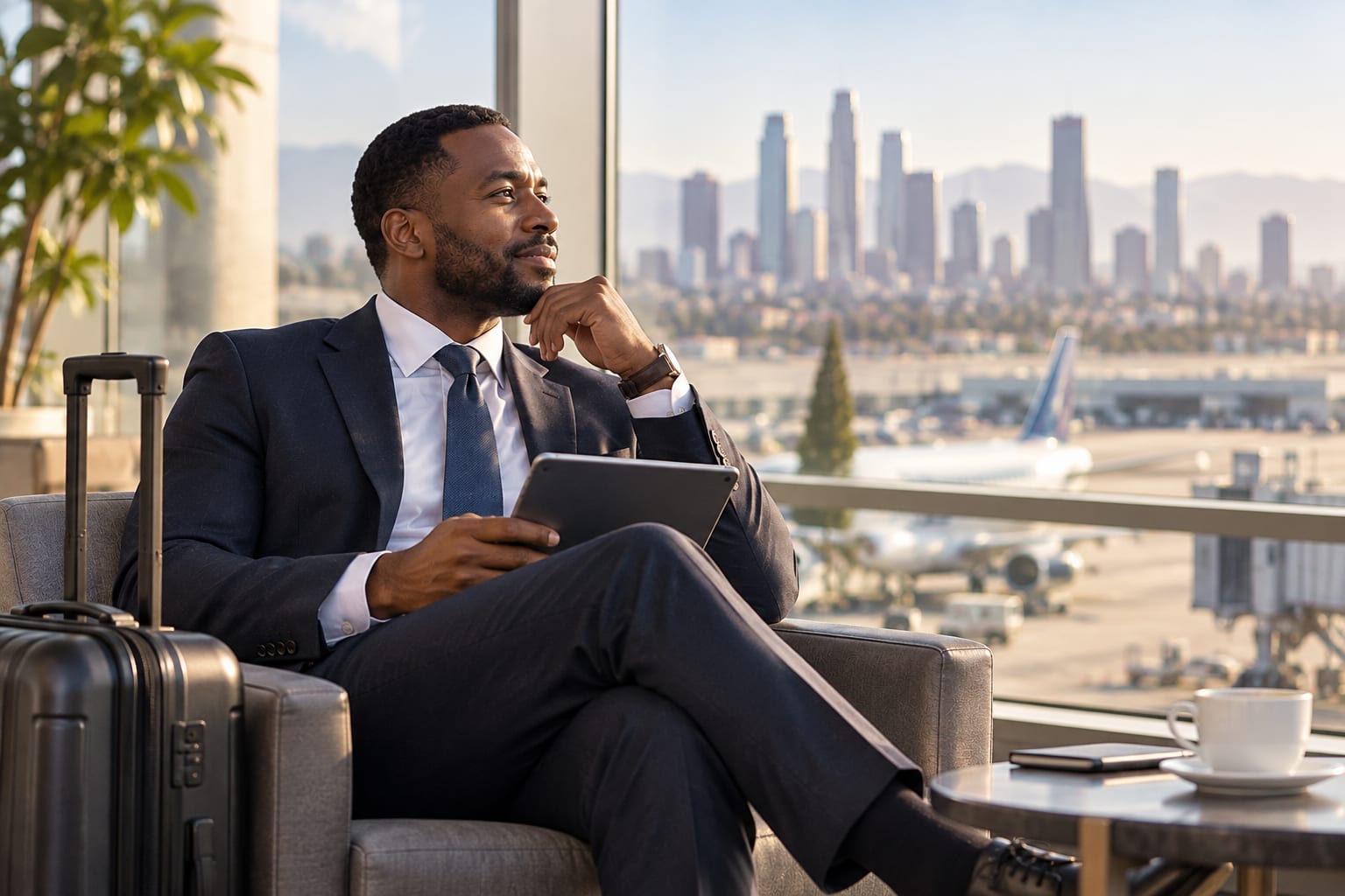 Business traveler using a tablet in an airport lounge