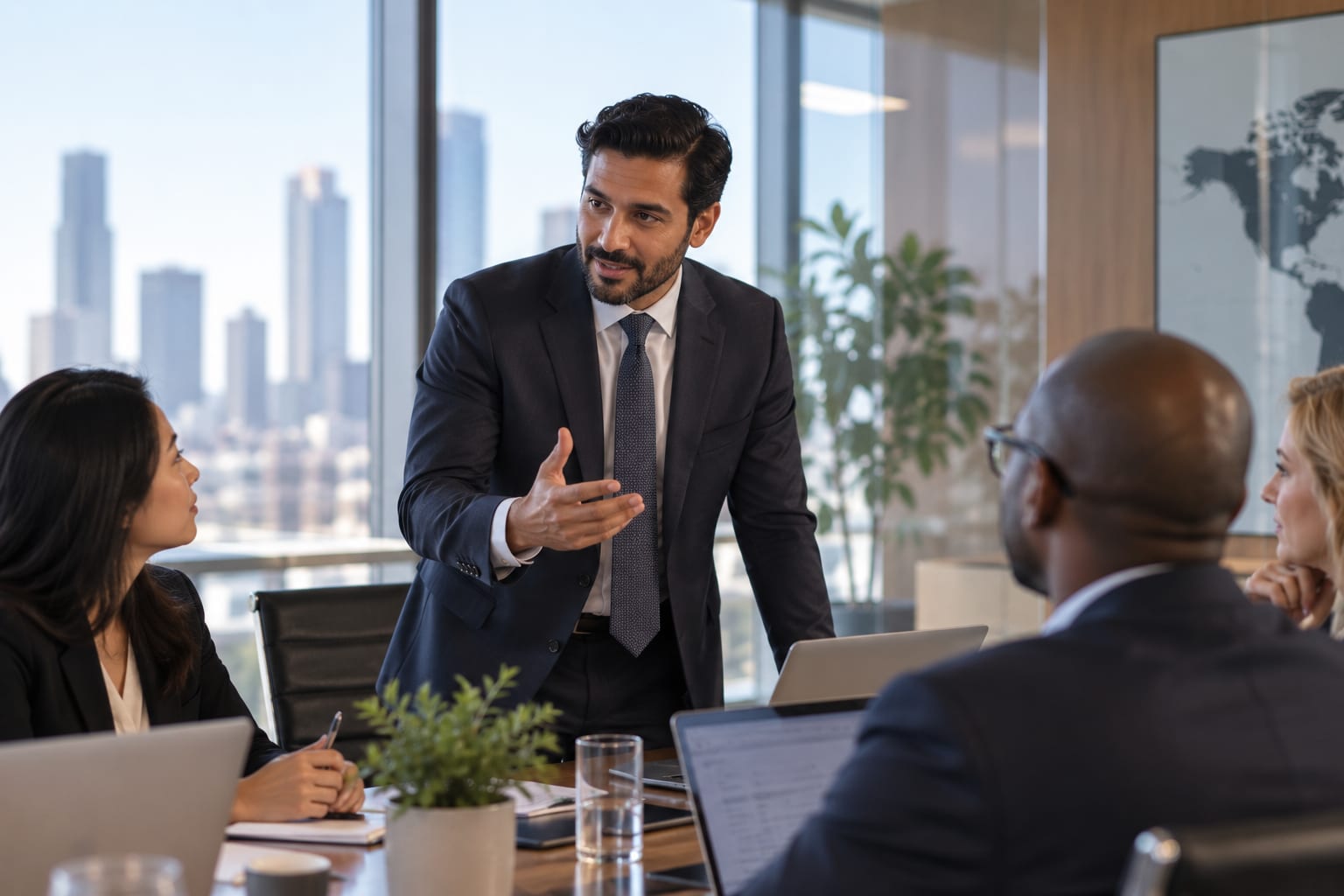 Professional leading a discussion with colleagues in a conference room