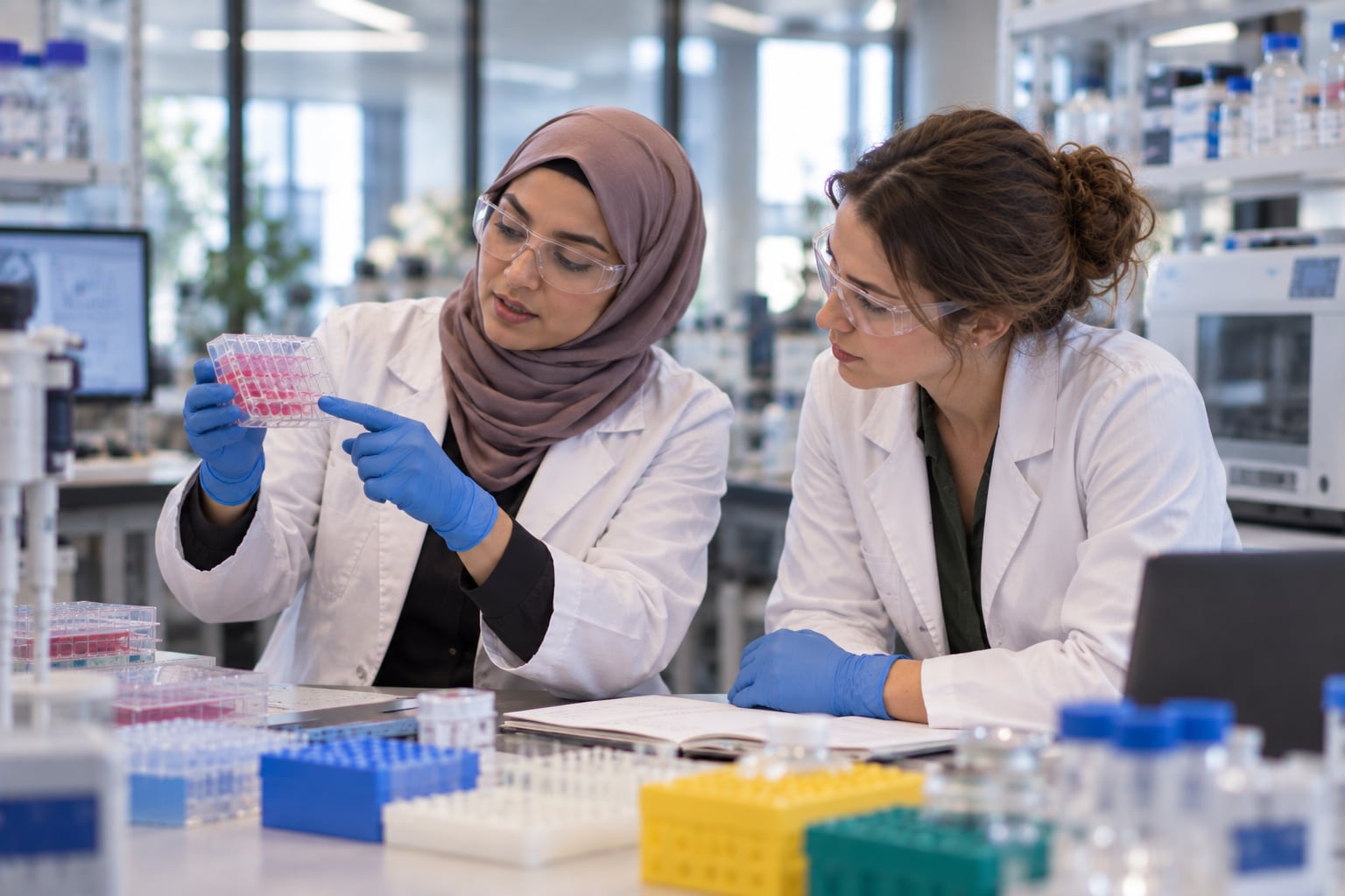 Two laboratory technicians inspecting a sample tray