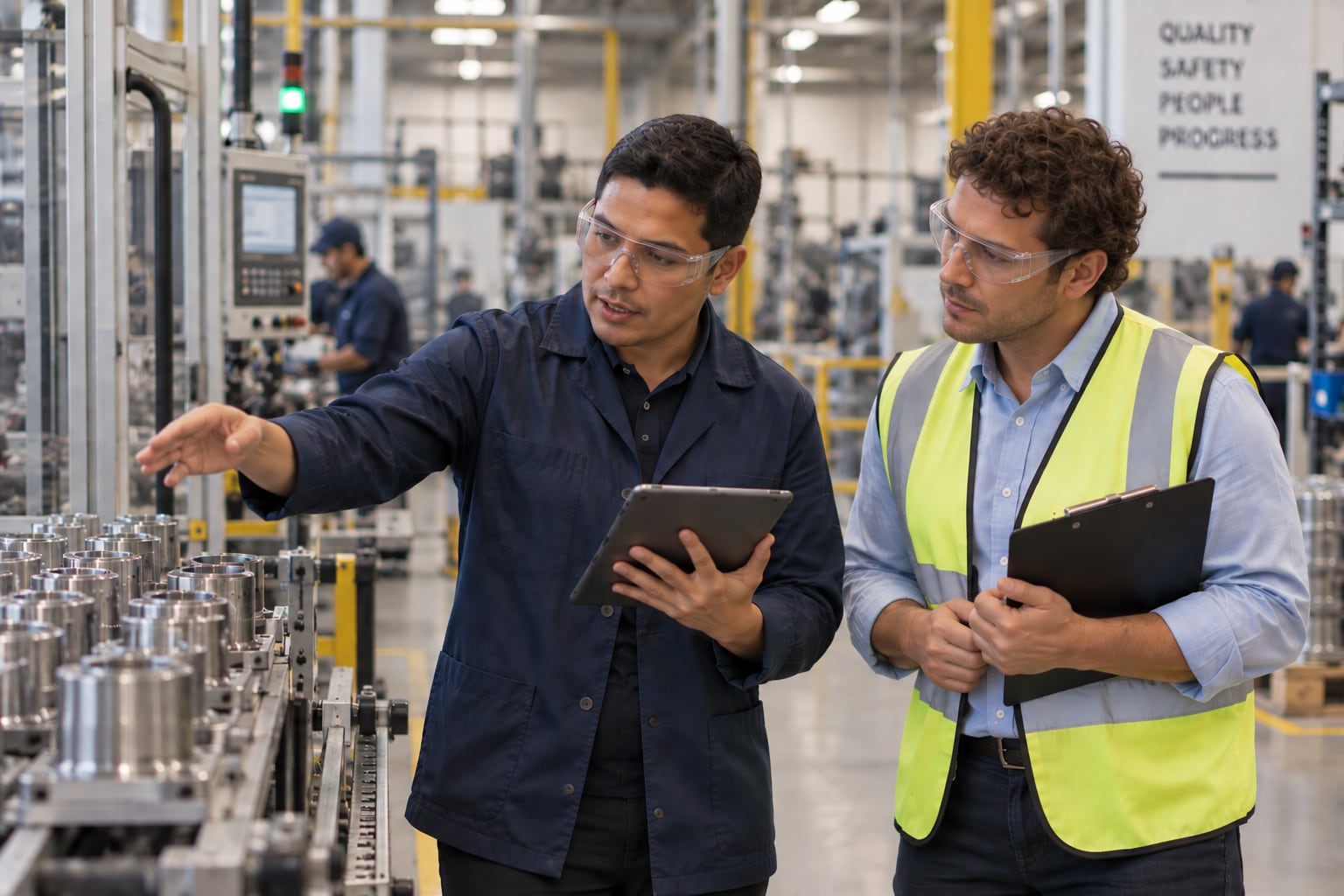 Two manufacturing specialists reviewing precision parts on a production line