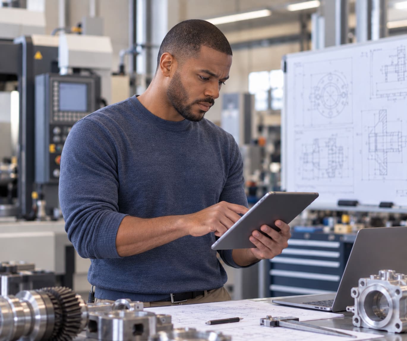 Mechanical engineer checking a tablet beside technical drawings and machined parts