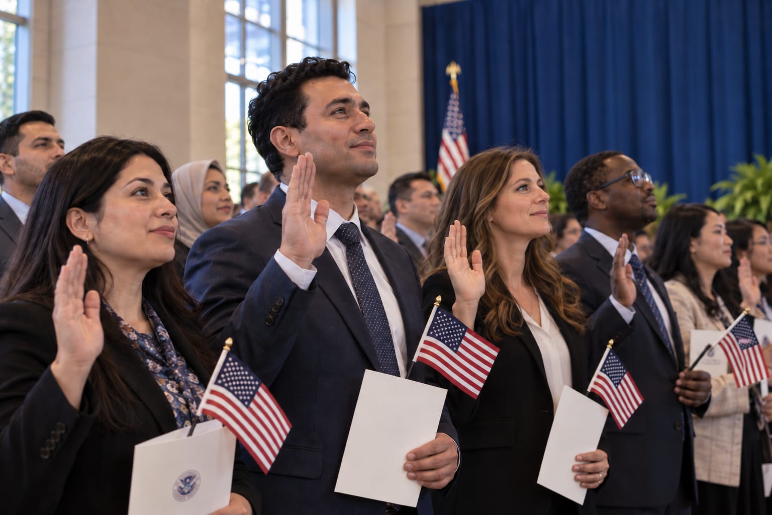 Adults holding small United States flags at a naturalization ceremony