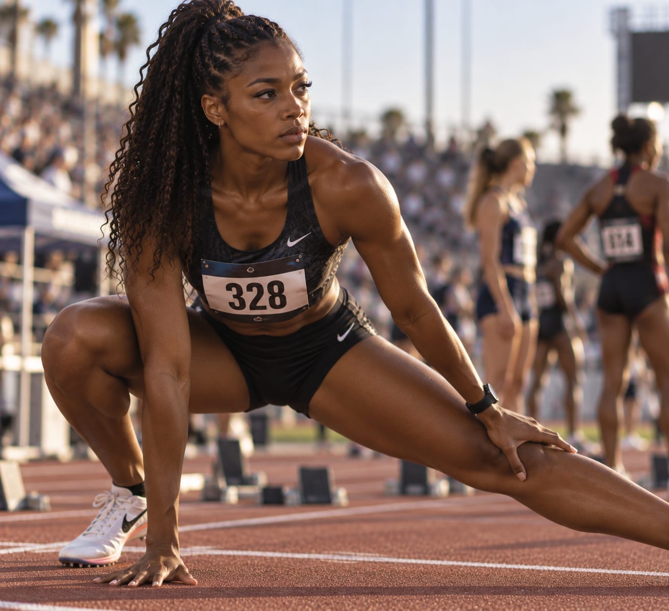 Track athlete stretching before a race