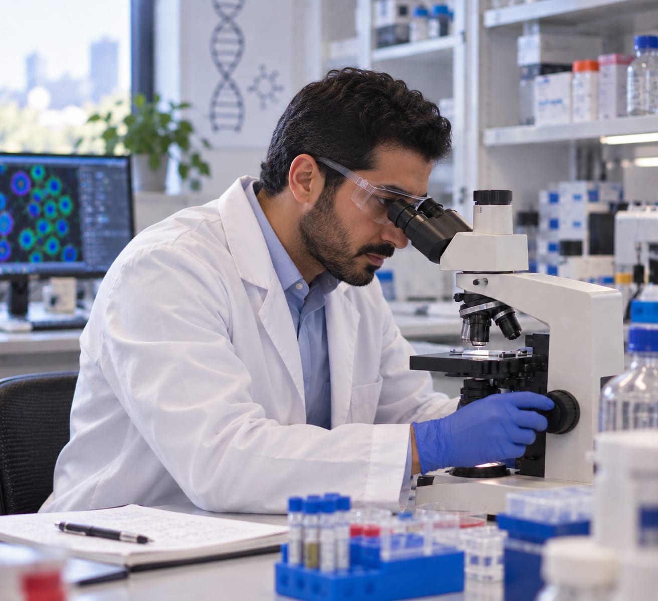 Scientist examining a sample through a laboratory microscope