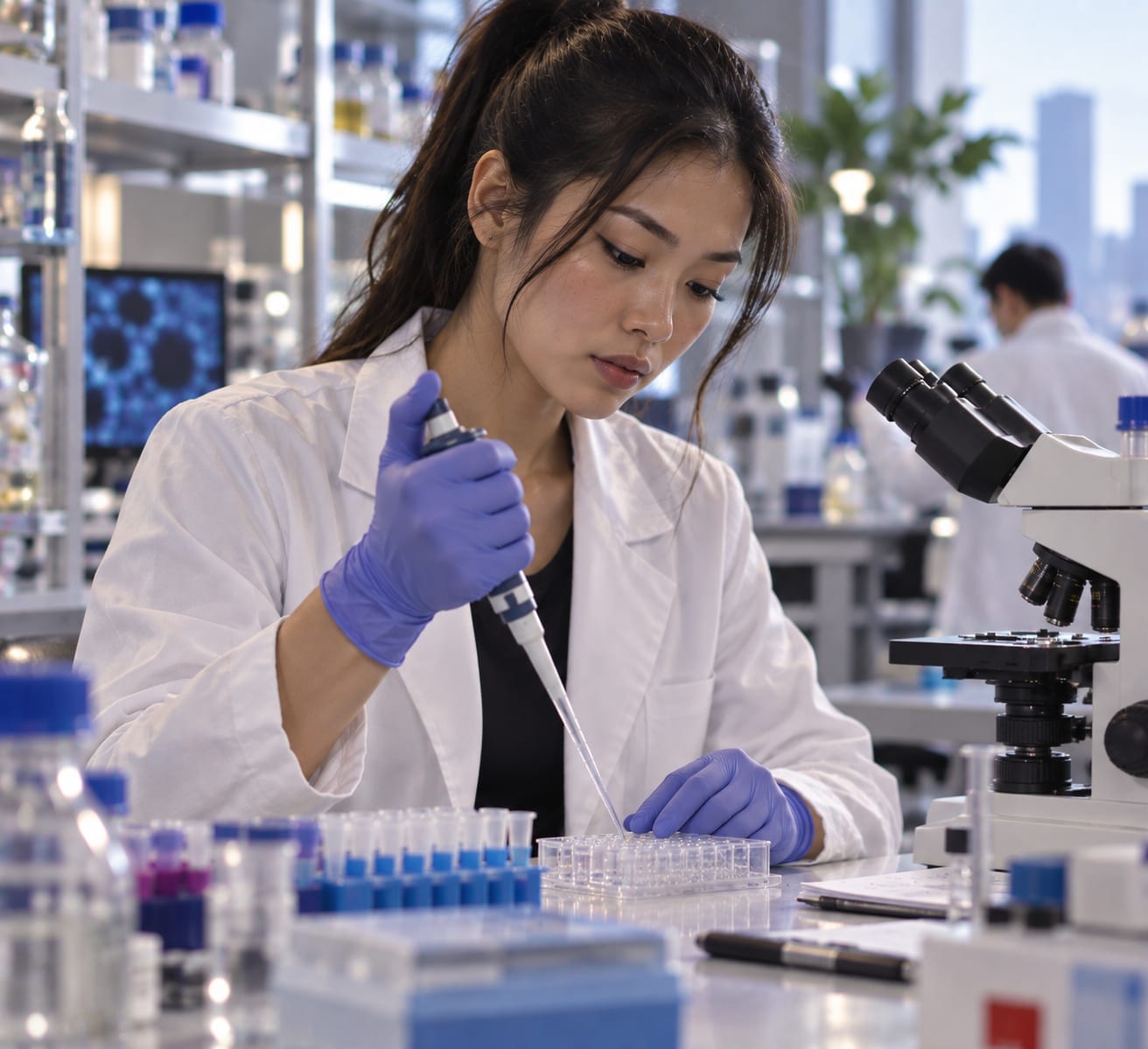 Scientist using a pipette beside a microscope